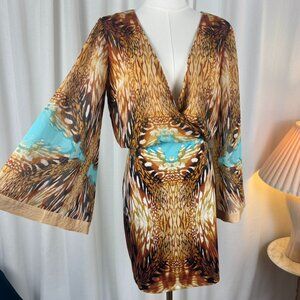 Y2K Bebe Kimono Bell Sleeve Turquoise Animal Print Dress size Medium